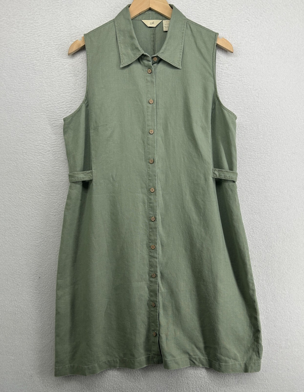 J.JILL Dress L 100% Linen Sleeveless Shirtdress Button Front Green Vintage